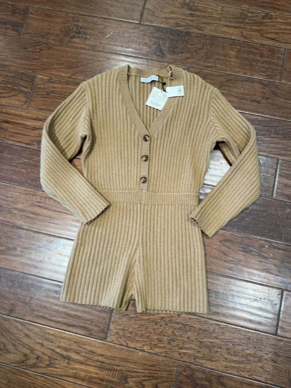 Zara Ribbed Knit Short Jumpsuit Romper in Tan NWT Size M‎
